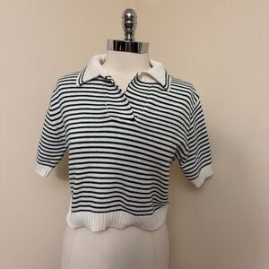 Double Zero White and Green Striped Crop Polo Cotton Blend Sweater M